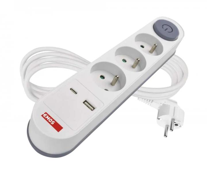 Przeduacz Emos P1312PD, 3x gniazdko, 1x USB-A, 1x USB-C, biay, 2 m