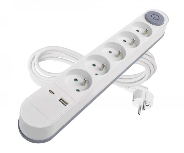 Przeduacz Emos P1513PD, 5x gniazdo, 1x USB-A, 1x USB-C, biay, 3 m