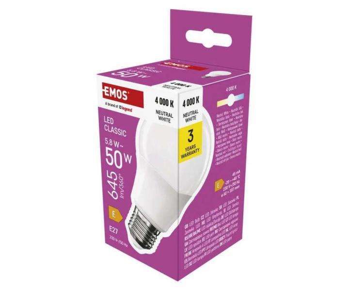 arwka LED Emos Classic A60 ZQ5E33, E27, 5,8 W (50 W), neutralna biaa