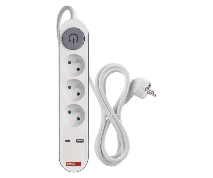 Przeduacz Emos P1312PD, 3x gniazdko, 1x USB-A, 1x USB-C, biay, 2 m