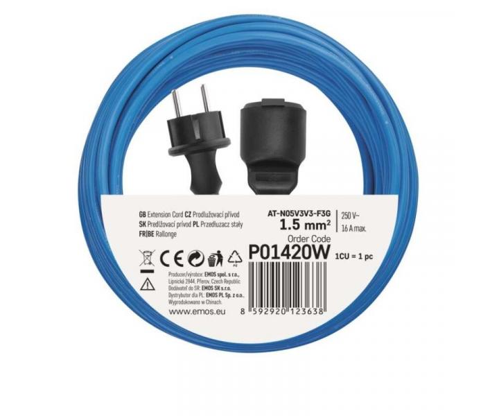 Odporna na warunki atmosferyczne przeduacz 20 m / 1 gniazdko / niebieski / PVC / 230 V / 1,5 mm2 Emos P01420W