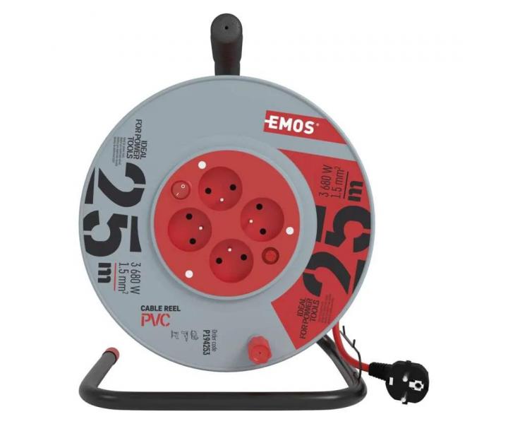 Przeduacz na bbnie Emos P194253, 4x gniazdo, 230 V, 1,5 mm2, czerwony, 25 m