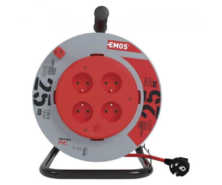 Przeduacz na bbnie Emos P19425P, 4x gniazdo, 230 V, 1,5 mm2, czerwony, 25 m