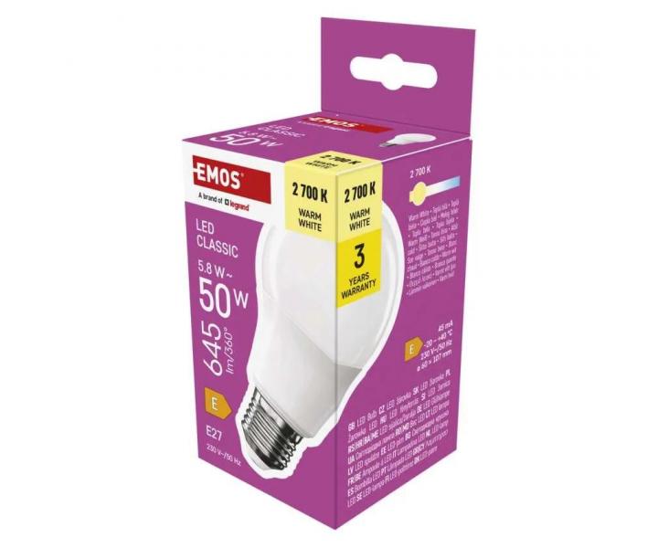 arwka LED Emos Classic A60, E27, 5,8 W (50 W), ciepa biaa