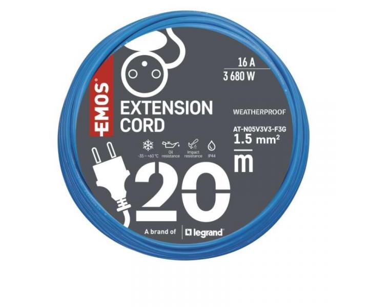 Odporna na warunki atmosferyczne przeduacz 20 m / 1 gniazdko / niebieski / PVC / 230 V / 1,5 mm2 Emos P01420W
