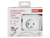 Przeduacz - kostka 1,9 m / 4 gniazdka / biay / PVC / z USB / 1 mm2 Emos P04119U
