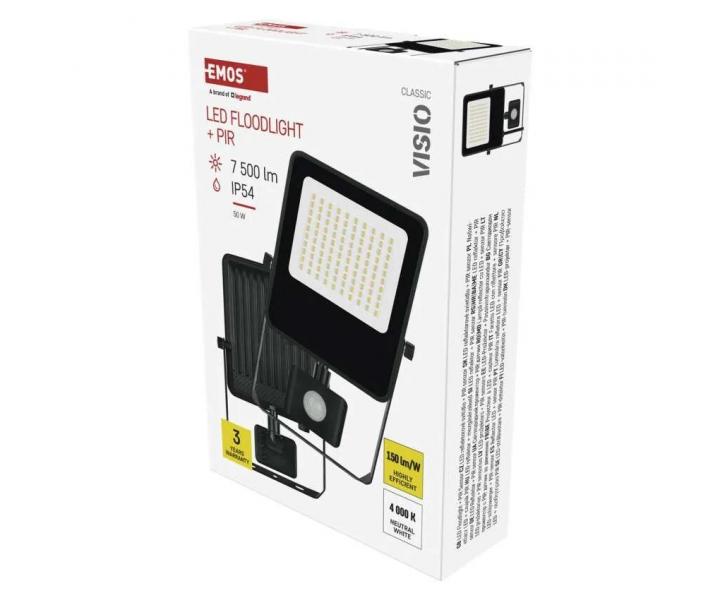 Reflektor LED z czujnikiem ruchu Emos Visio ZS2943, IP54, 50 W, czarny, neutralna biel.