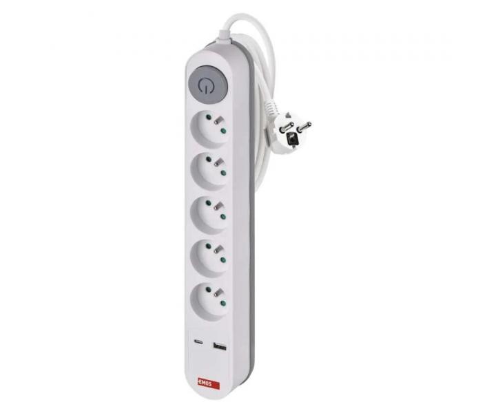 Przeduacz Emos P1513PD, 5x gniazdo, 1x USB-A, 1x USB-C, biay, 3 m