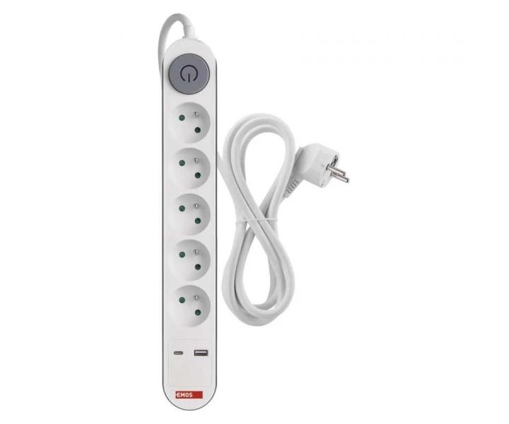 Przeduacz Emos P1513PD, 5x gniazdo, 1x USB-A, 1x USB-C, biay, 3 m